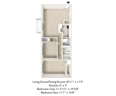 A diagram of a small apartment with a living room, dining room, kitchen and two bedrooms.